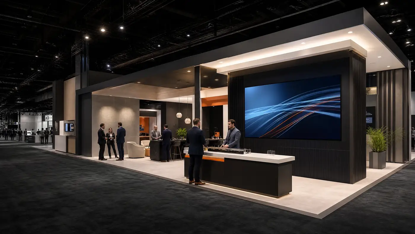 Open and accessible technology exhibit with product demonstration stations and professional lighting