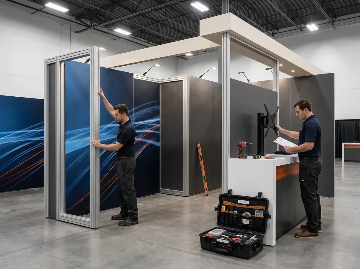 Las Vegas trade show exhibit team preparing a turnkey rental booth