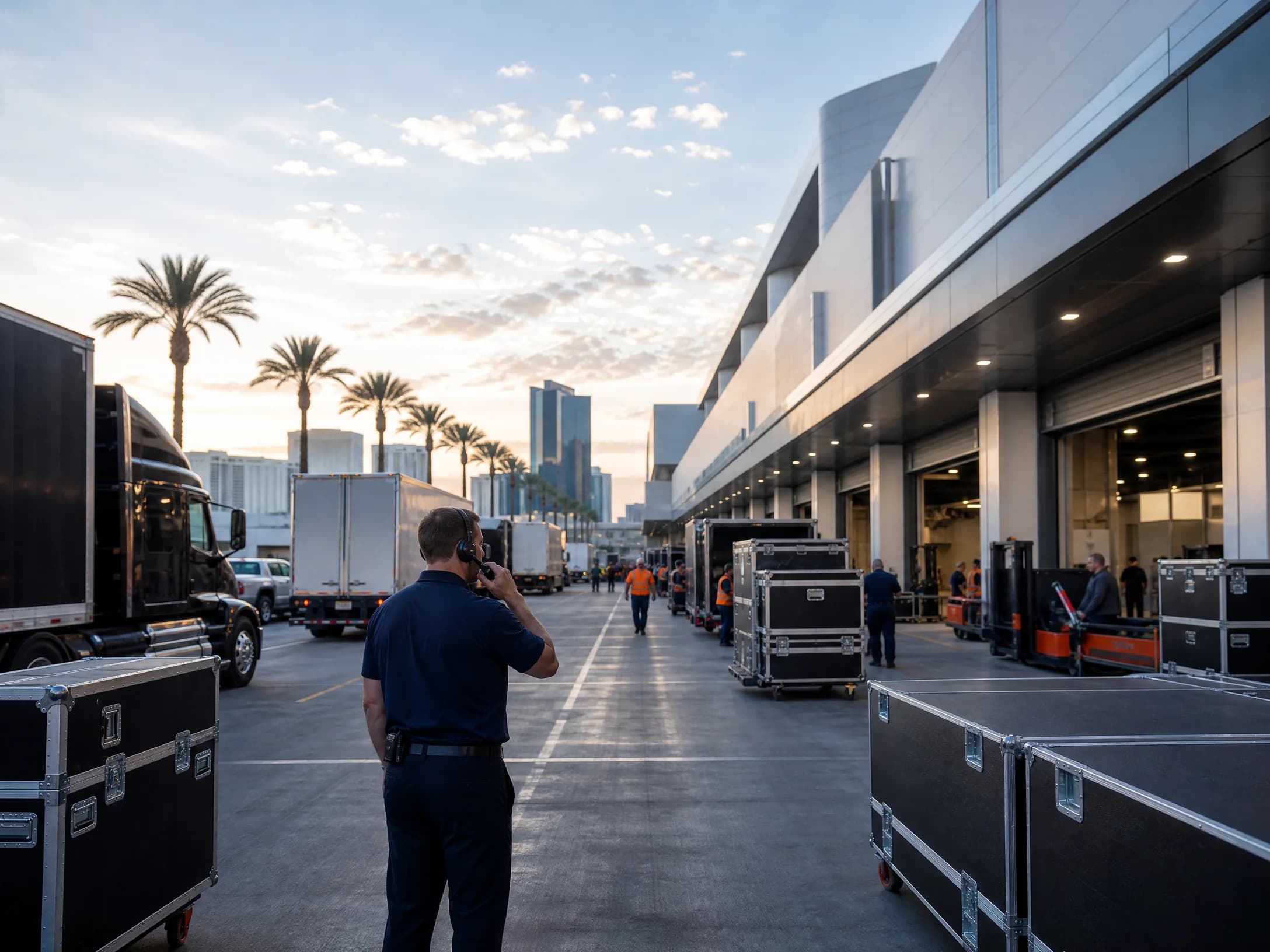 Las Vegas convention logistics scene with freight vehicles, exhibit cases, and venue access