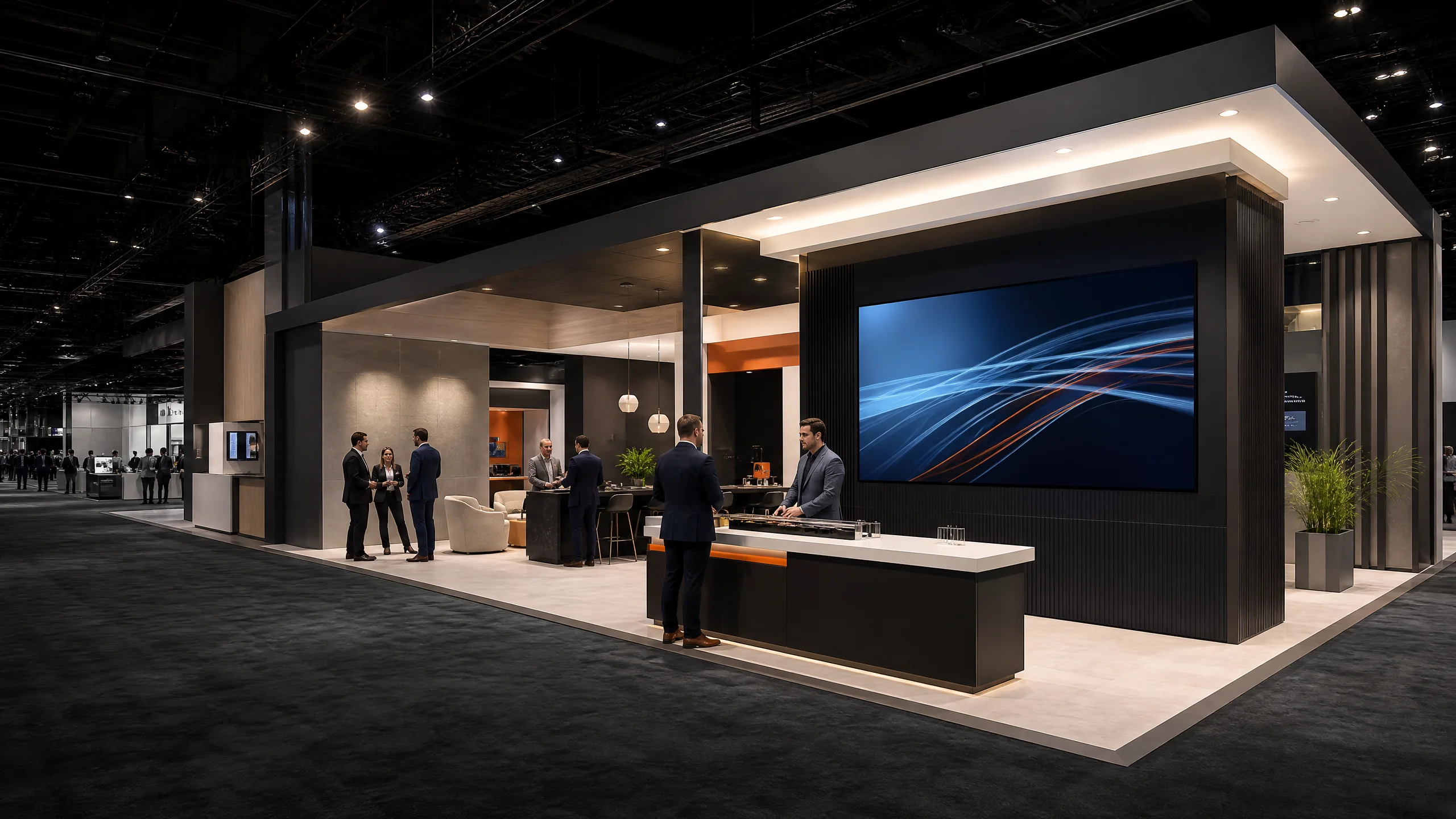 Turnkey CES exhibit environment with product demonstration stations and professional lighting